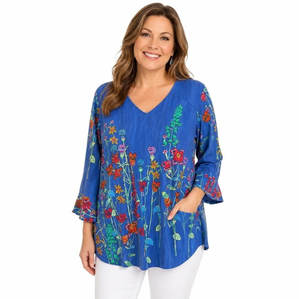 Parsley And Sage Tunic Blouse Womens Large Blue Floral V Neck 3/4 Sleeve Top